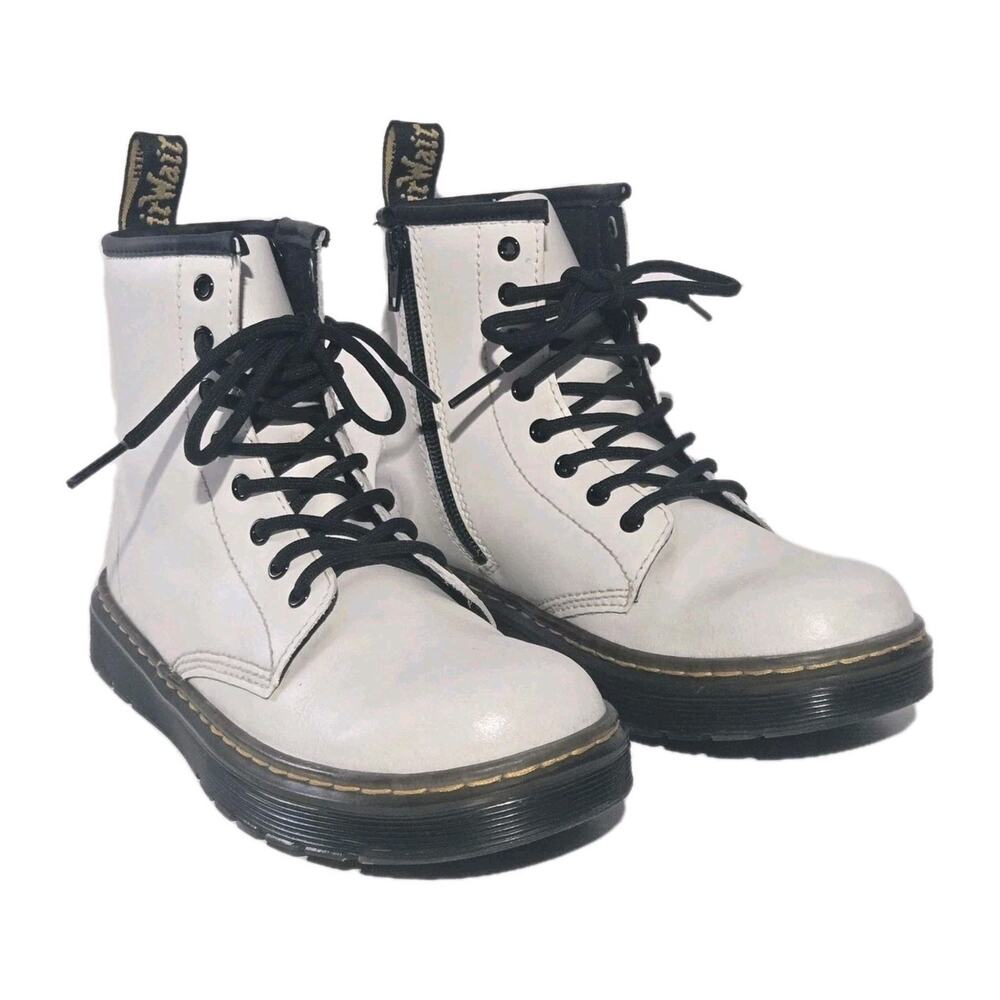 Dr Martens Zavala J Air Wair White Lace-Up Side Zip Combat Boots Girls Size 3